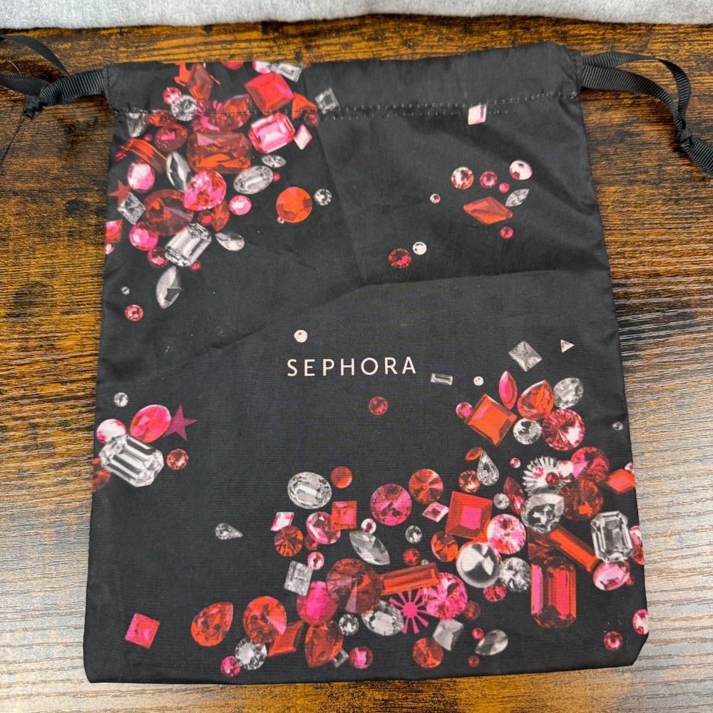 Sephora Drawstring Gift Bag Black Red Gem Print‎ Cosmetic Travel Pouch Large